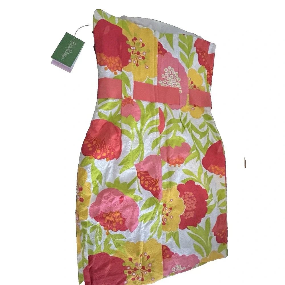 Lilly Pulitzer Dress 6 Vanessa Floral Print Cotton Strapless Pink Green Yellow - Picture 2 of 13